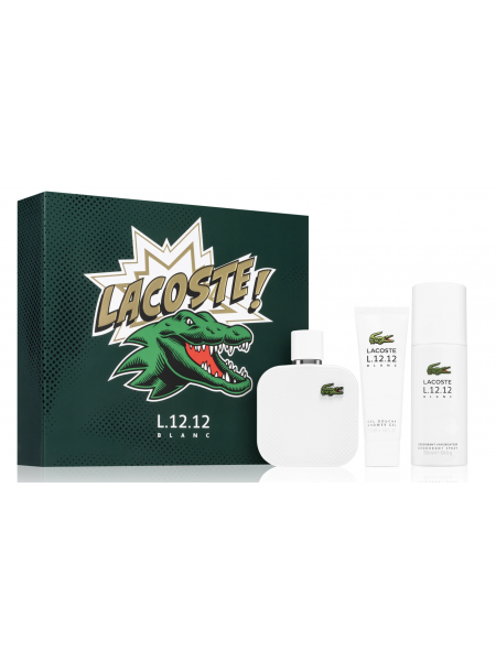 Eau de Lacoste L.12.12: Blanc Подарочный набор (туалетная вода 100 мл + дезодорант-спрей 150 мл + гель для душа 50 мл)
